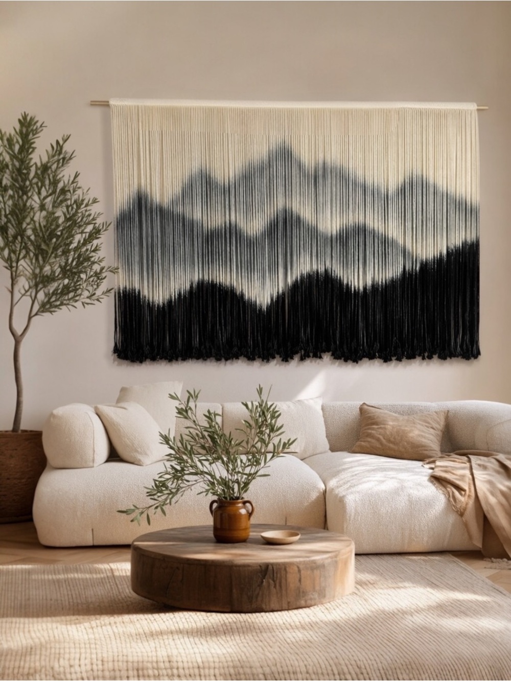 NEW Anthro XL Tapestry Macrame Grey Dye Boho Mountain Woven Wall Hanging - 60x35